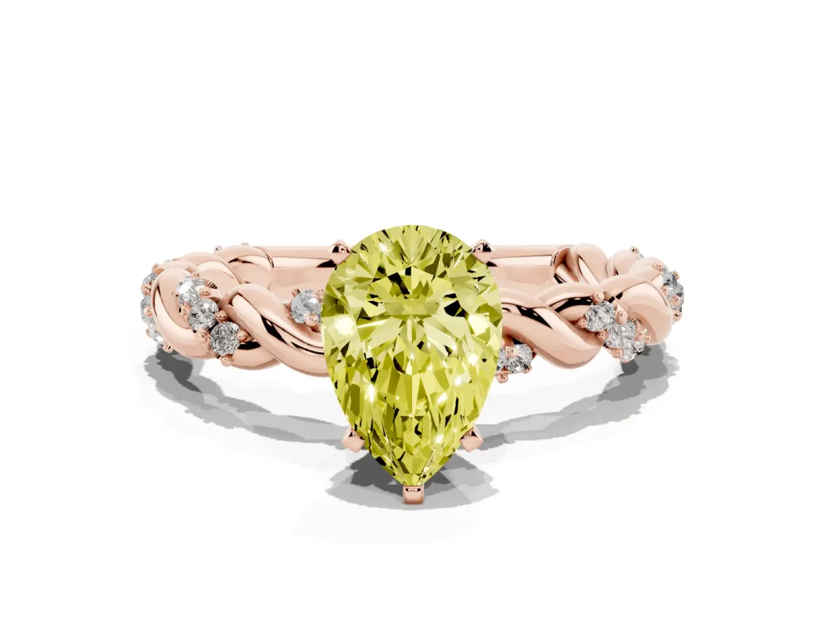 Fancy Yellow Pear Cut Diamond Solitaire Ring with Twisted Band and Pavé Accents Rose gold