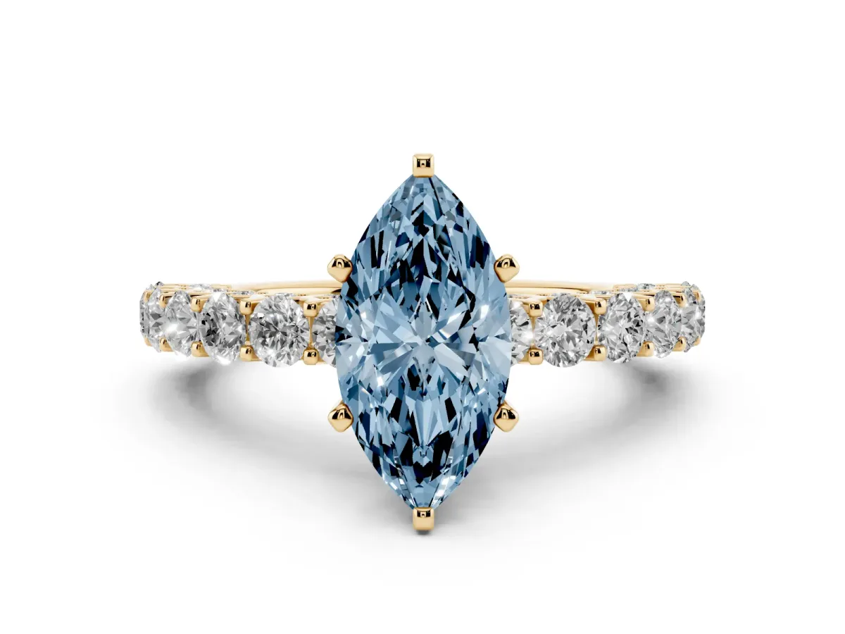 Fancy Blue Marquise Cut Diamond Solitaire Ring with Shared Prong Pavé Band and Four-Prong Setting Yellow gold