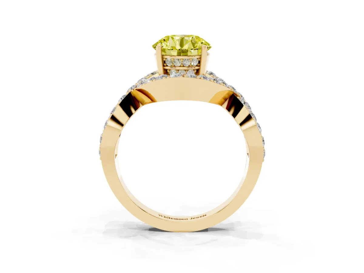 Fancy Yellow Round Cut Solitaire Twist Band Pavé Diamond Engagement Ring Yellow gold