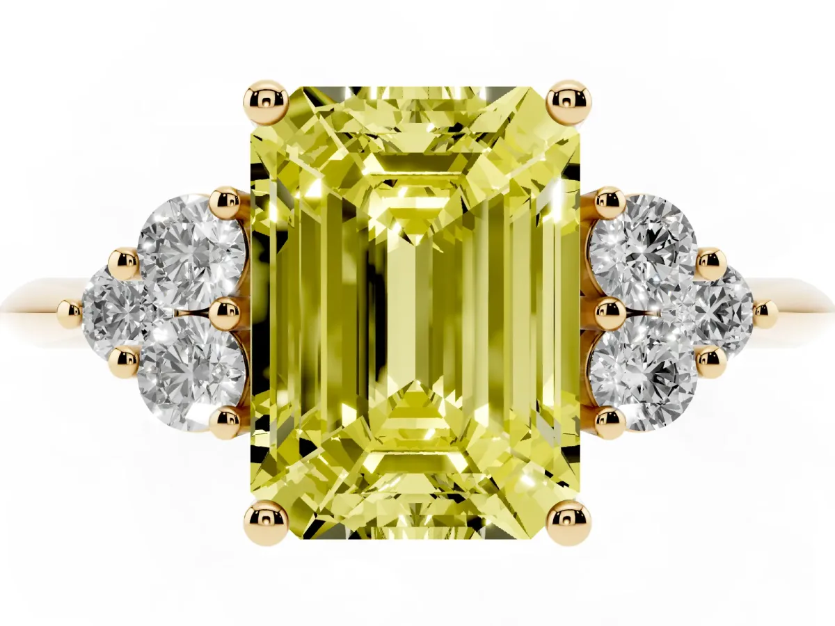 Fancy Yellow Emerald Cut Cut Diamond Cluster Ring with Solitaire Band and Four-Prong Setting Yellow gold