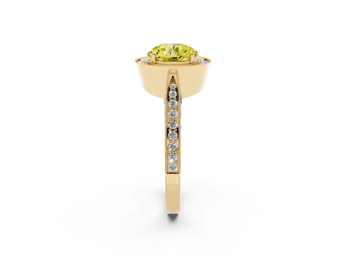 Fancy Yellow Round Cut Halo Diamond Engagement Ring with Split Shank Band and Four-Prong Setting Yellow gold