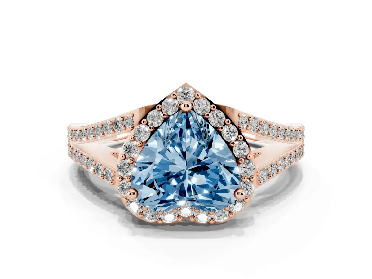 Fancy Blue Heart Cut Halo Split Shank Diamond Ring with Prong Setting Rose gold