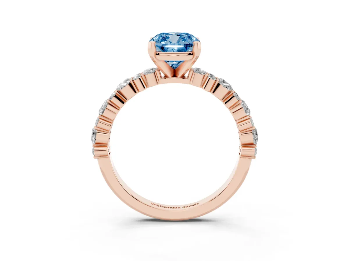 Fancy Blue Cushion Cut Diamond Side Stone Solitaire Ring with Round and Four-Prong Setting Rose gold