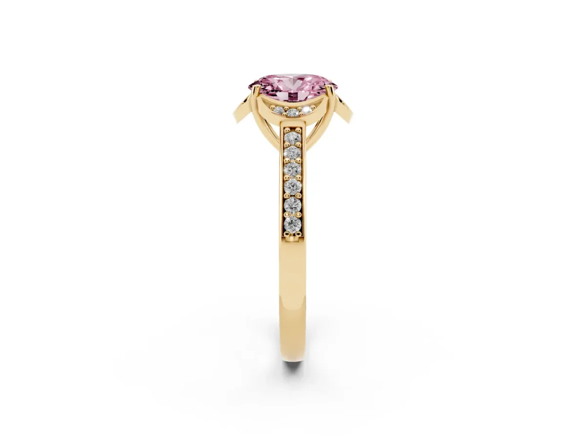 Fancy Pink Oval Cut Cut Halo Diamond Ring with Channel Set Band and Four-Prong Setting Yellow gold