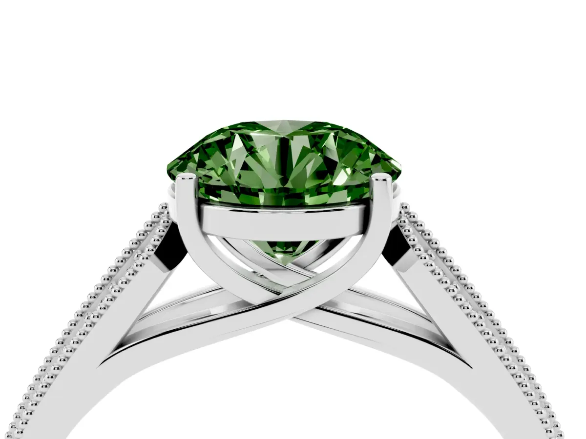 Fancy Green Round Cut Cut Pave Split Shank Engagement Ring with Four-Prong Setting White gold