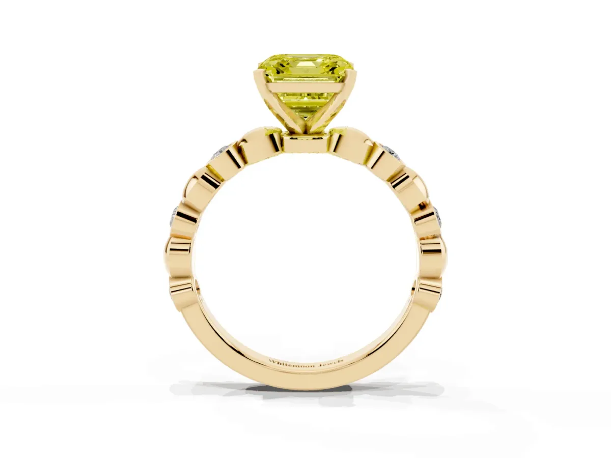 Fancy Yellow Asscher Cut Solitaire Bezel-Set Diamond Ring with Beaded Band and Four-Prong Setting Yellow gold