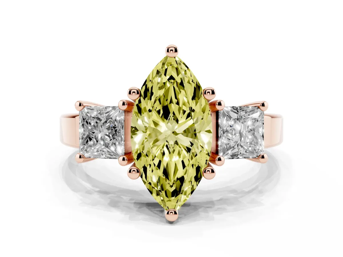 Fancy Yellow Three-Stone Marquise Cut Cut Solitaire Ring with Prong Setting Rose gold