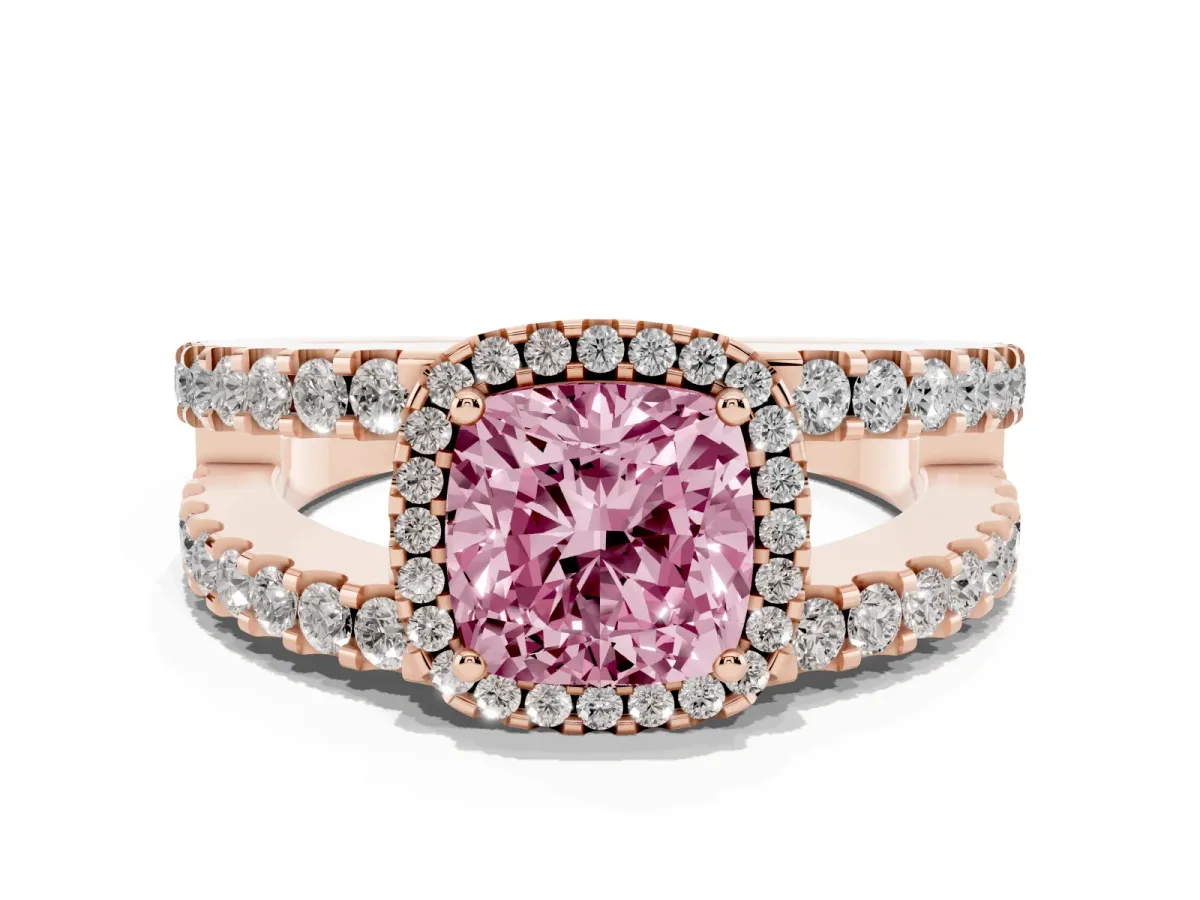 Fancy Pink Cushion Cut Cut Halo Split Shank Diamond Ring with Four-Prong Setting Rose gold