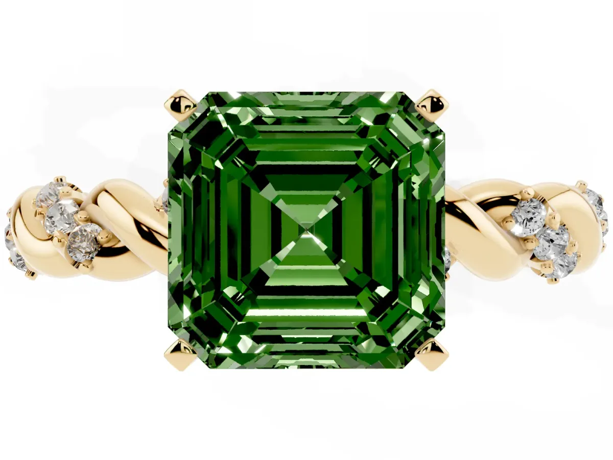 Fancy Green Asscher Cut Diamond Solitaire Ring with Twisted Band and Pavé Accents Yellow gold