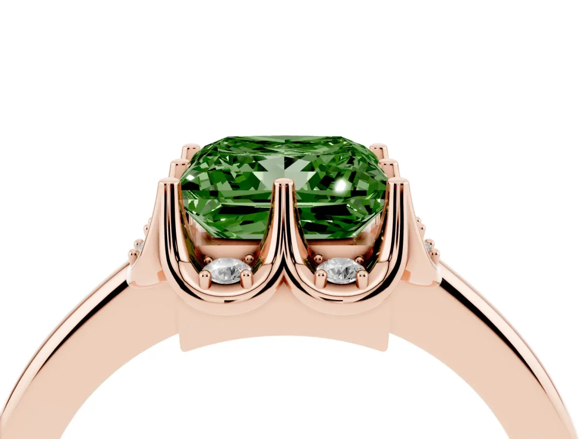 Fancy Green Princess Cut Halo Diamond Ring with Round Cluster Setting, Solitaire Band, and Four-Prong Setting Rose gold