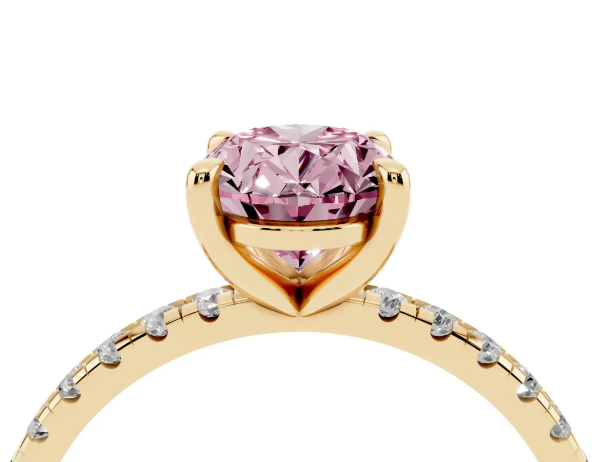 Fancy Pink Oval Cut Diamond Brilliant Solitaire Ring with Pavé Band and Four-Prong Setting Yellow gold
