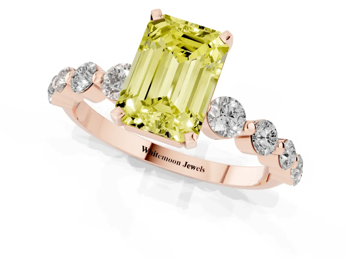 Fancy Yellow Emerald Cut Solitaire Diamond Ring with Pave Band and Four-Prong Setting Rose gold