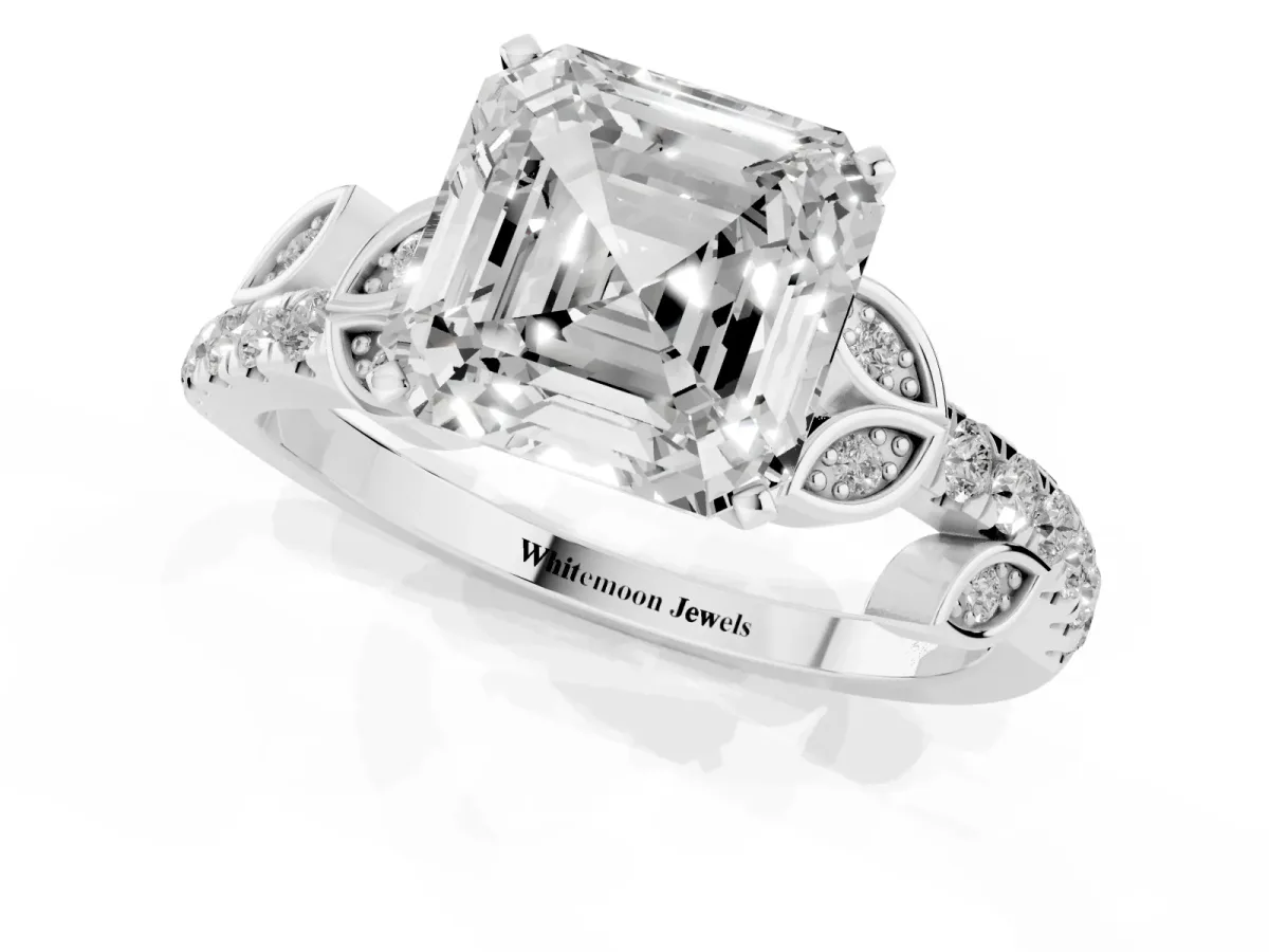 Asscher Cut Solitaire Leaf-Inspired Diamond Ring with Pavé Band and Four-Prong Setting Silver