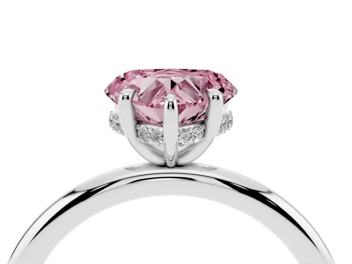 Fancy Pink Heart Cut Diamond Solitaire Ring with Thin Band and Four-Prong Setting Platinum