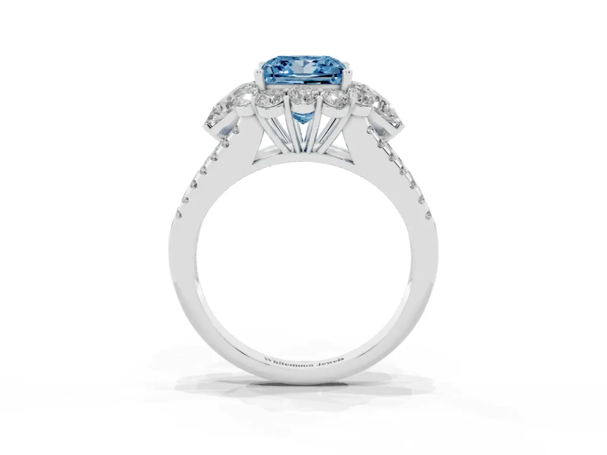 Fancy Blue Princess Cut Halo Split Shank Diamond Engagement Ring with Prong Setting Silver