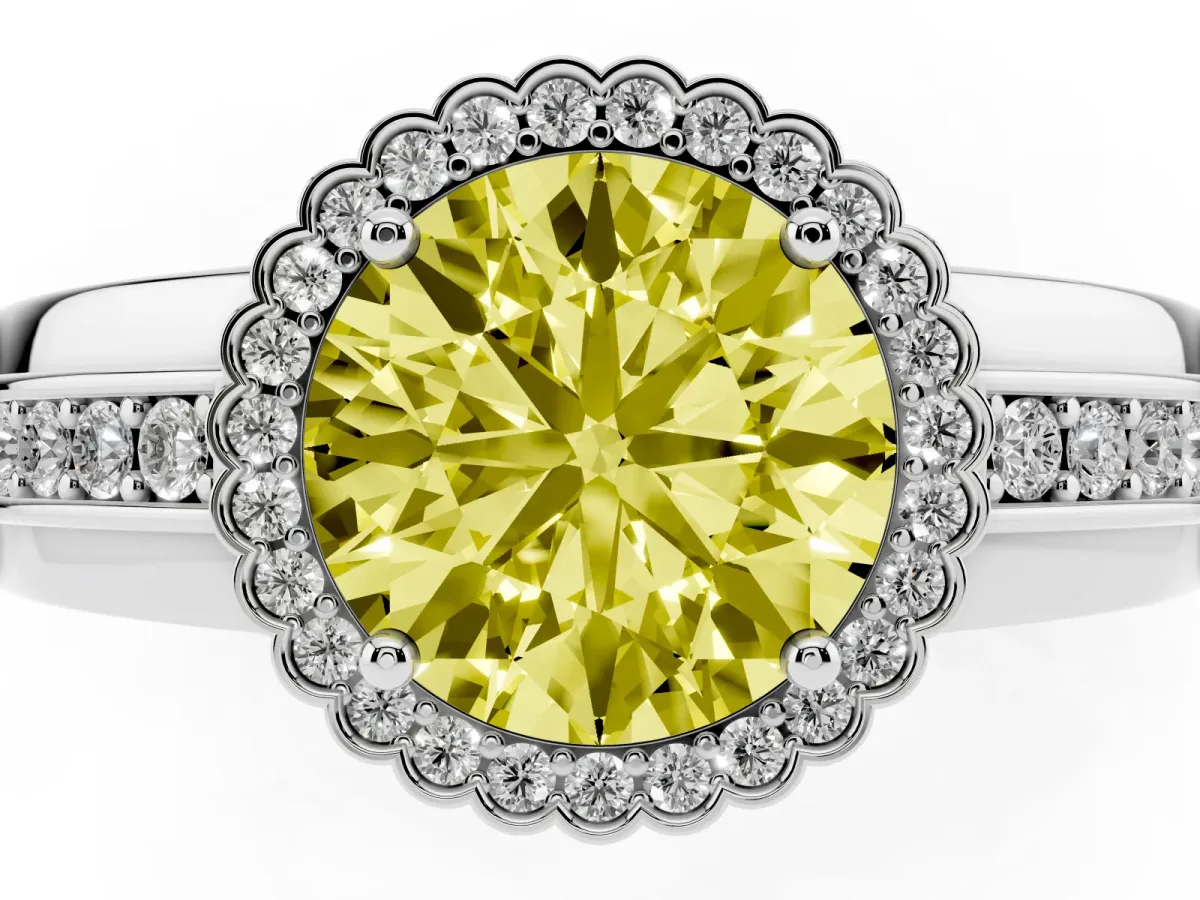 Fancy Yellow Round Cut Cut Halo Pave Band Four-Prong Ring Platinum