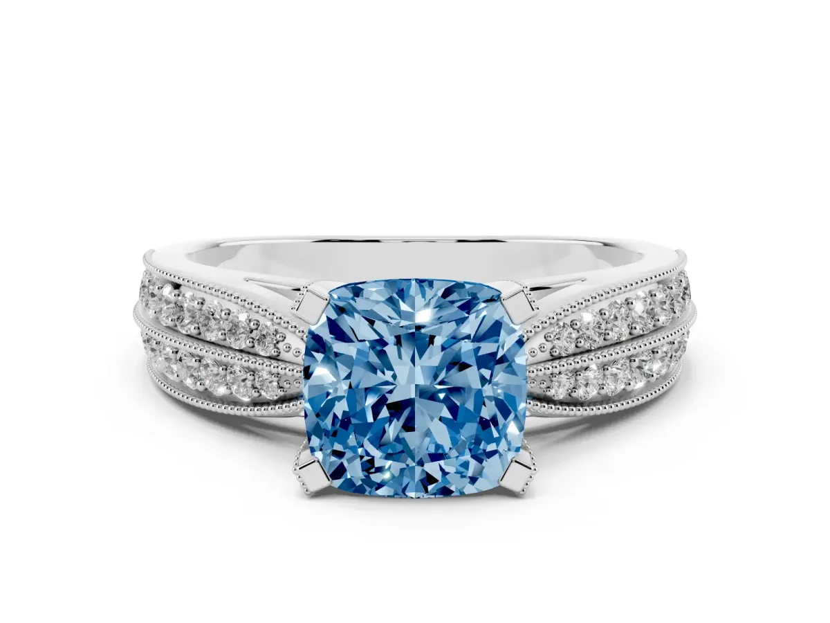 Fancy Blue Cushion Cut Diamond Solitaire Ring with Milgrain Round Pavé Band and Prong Setting White gold