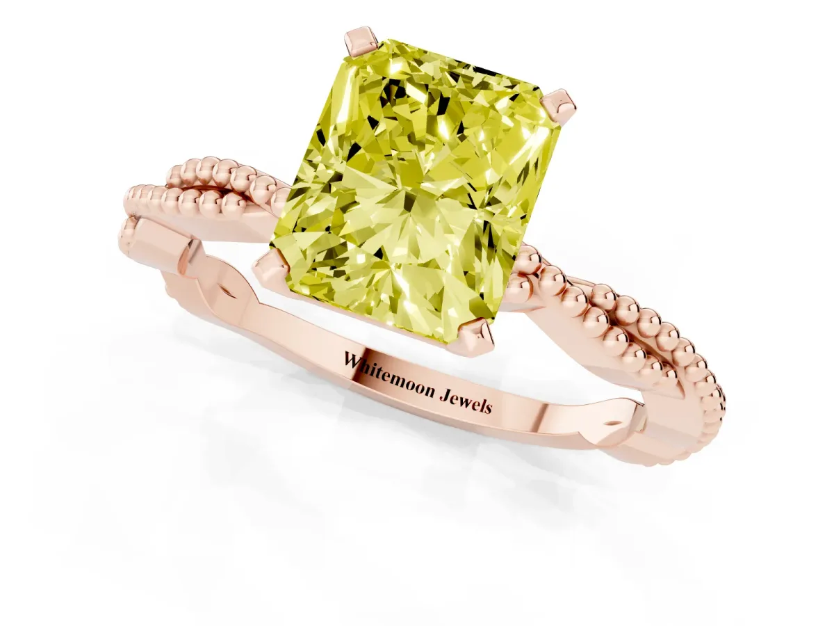 Fancy Yellow Radiant Cut Solitaire Twisted Band with Bead Prong Setting Rose gold