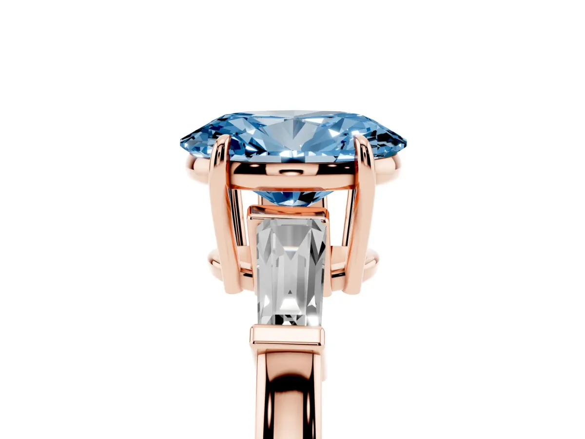 Fancy Blue Oval Cut Diamond Three-Stone Ring with Tapered Baguette Side Stones and Prong Setting Rose gold