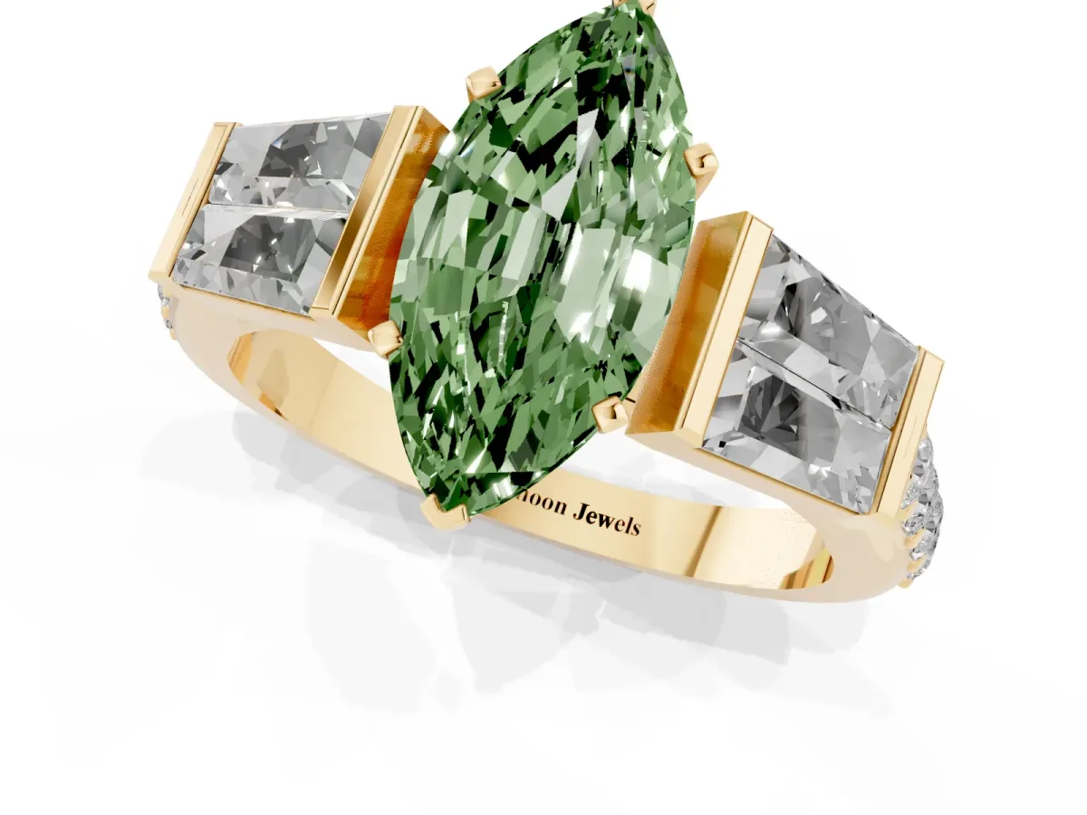 Fancy Green Marquise Cut Diamond Engagement Ring with Baguette Side Stones and Channel Set Band Yellow gold