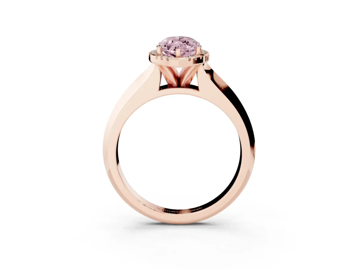 Fancy Pink Marquise Cut Halo Diamond Ring with Cathedral Band and Four-Prong Setting Rose gold
