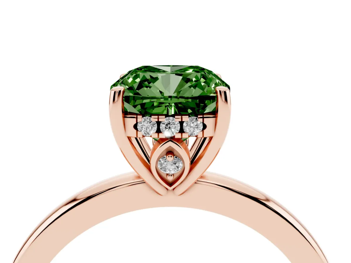 Fancy Green Cushion Cut Solitaire Diamond Ring with Prong Setting and Plain Band Rose gold