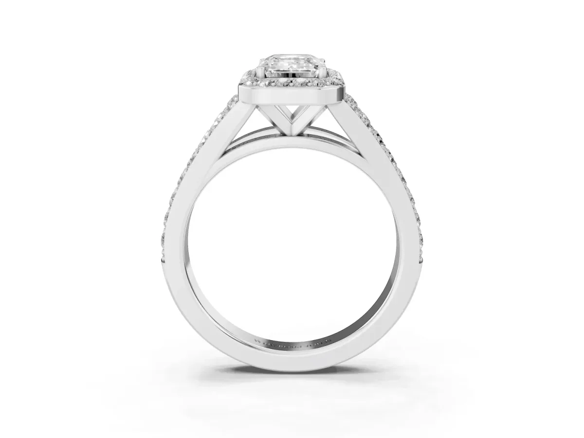 Emerald Cut Diamond Split Shank Halo Ring with Four-Prong Setting Platinum