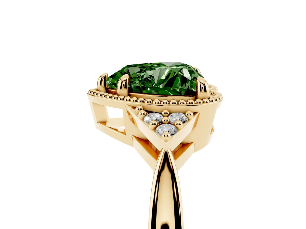 Fancy Green Milgrain Heart Cut Cut Diamond Ring with Tapered Pave Band and Four Prong Setting Yellow gold