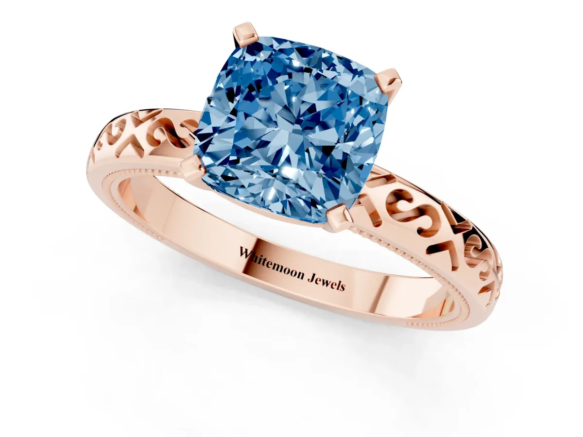Fancy Blue Cushion Cut Solitaire Engagement Ring with Scrollwork Band and Four-Prong Setting Rose gold