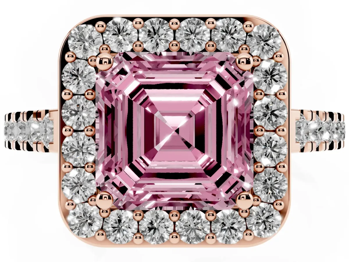 Fancy Pink Asscher Cut Diamond Halo Ring with Round Pavé Split Shank and Prong Setting Rose gold