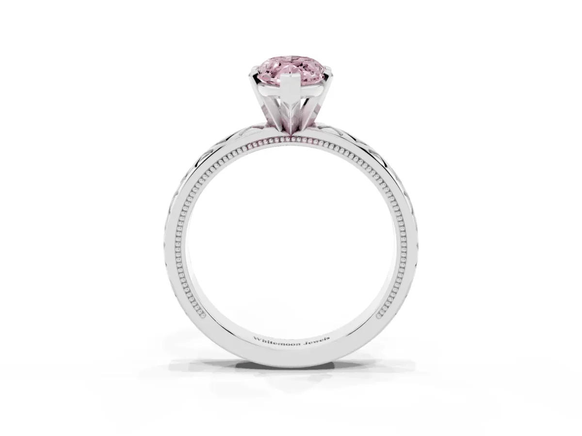 Fancy Pink Marquise Cut Solitaire Diamond Ring with Milgrain and Black Enamel X Pattern Band Silver