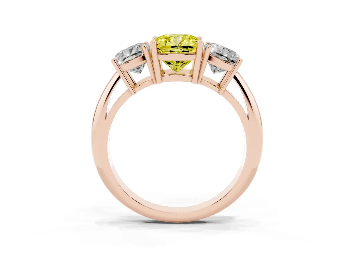Fancy Yellow Three-Stone Cushion Cut Cut Diamond Engagement Ring with Prong Setting on a White Gold Band Rose gold