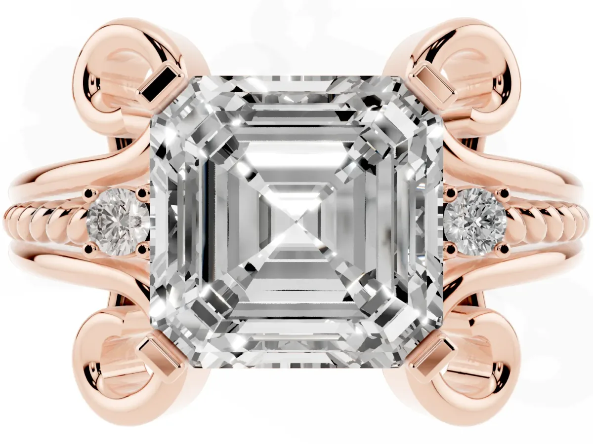 Asscher Cut Solitaire Twisted Band Scroll Prong Ring Rose gold