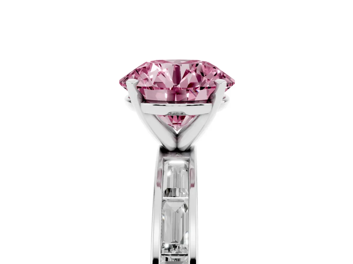 Fancy Pink Round Cut Solitaire Diamond Ring with Channel-Set Baguette Band and Four-Prong Setting Silver