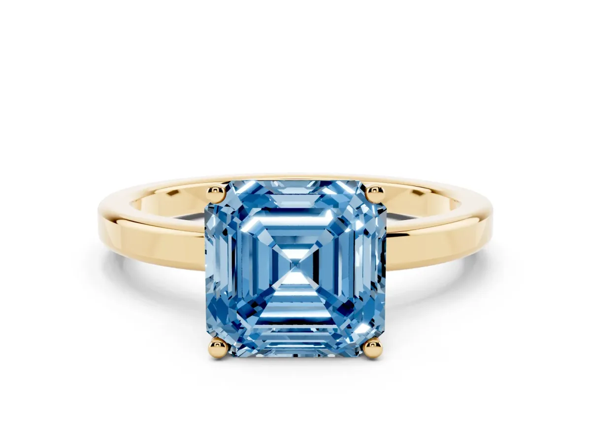 Fancy Blue Asscher Cut Cut Solitaire Engagement Ring with Four-Prong Setting on a Classic Band Yellow gold