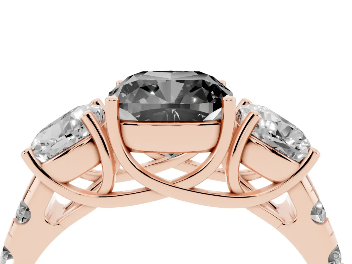 Fancy Black Three-Stone Cushion Cut Diamond Pavé Band with Prong Setting Rose gold