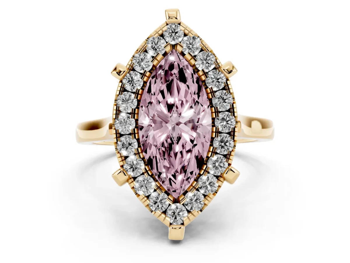 Fancy Pink Marquise Cut Diamond Cluster Halo Solitaire with Four-Prong Setting Yellow gold