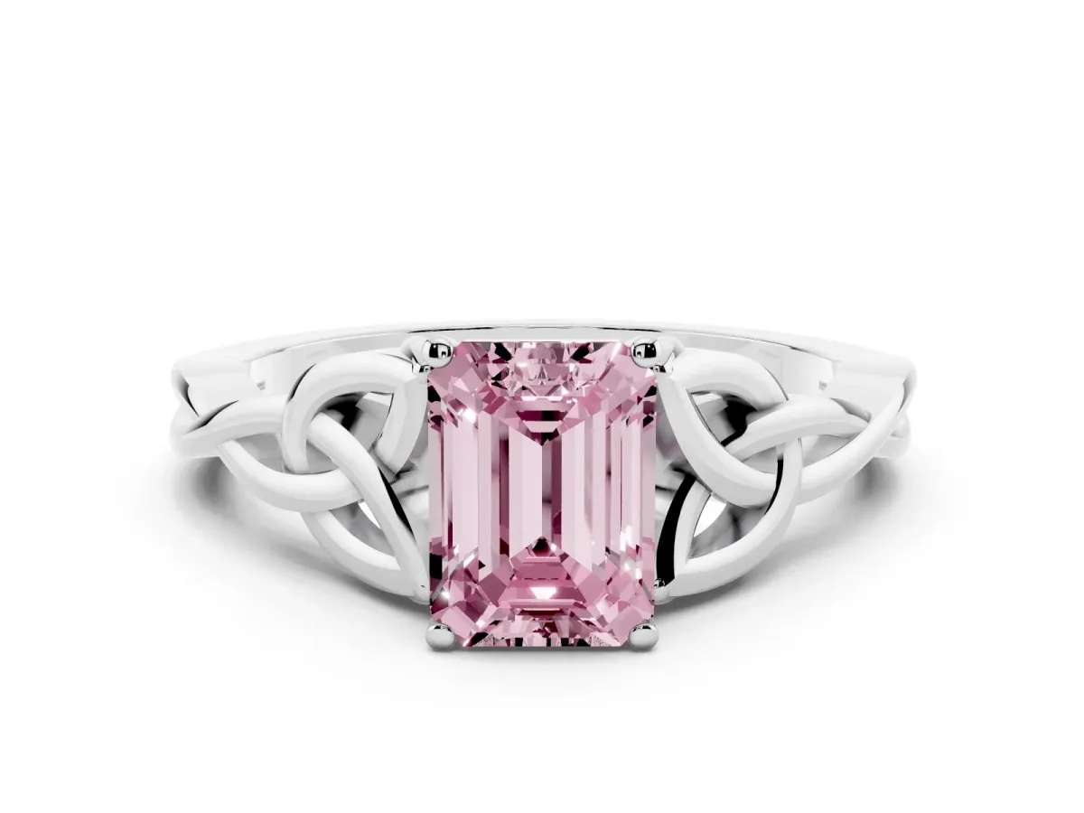 Fancy Pink Emerald Cut Diamond Solitaire Engagement Ring with Celtic Knot Band and Four-Prong Setting Platinum