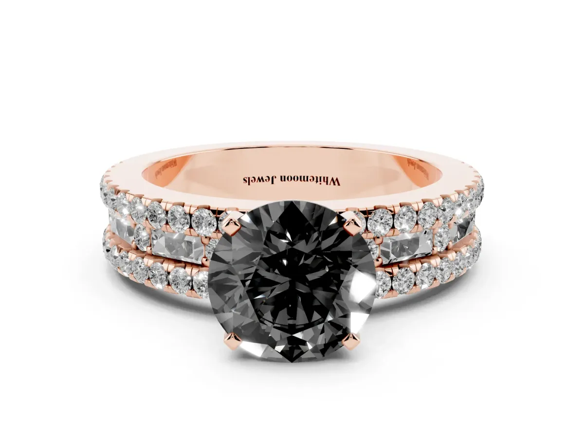Fancy Black Round Cut Diamond Solitaire Ring with Pavé and Channel Set Band Rose gold