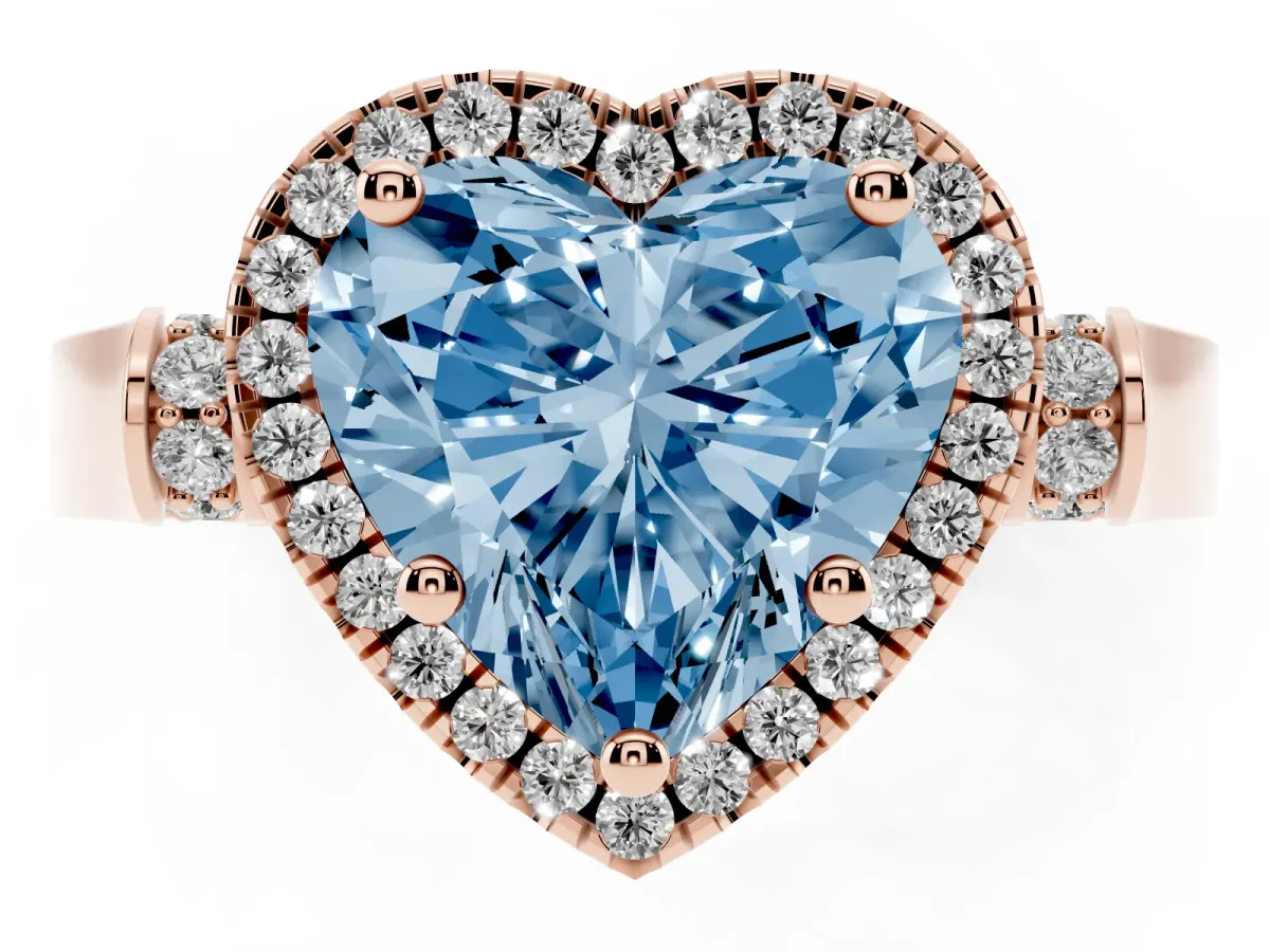 Fancy Blue Heart Cut Halo Pave Split Shank Prong Setting Ring Rose gold