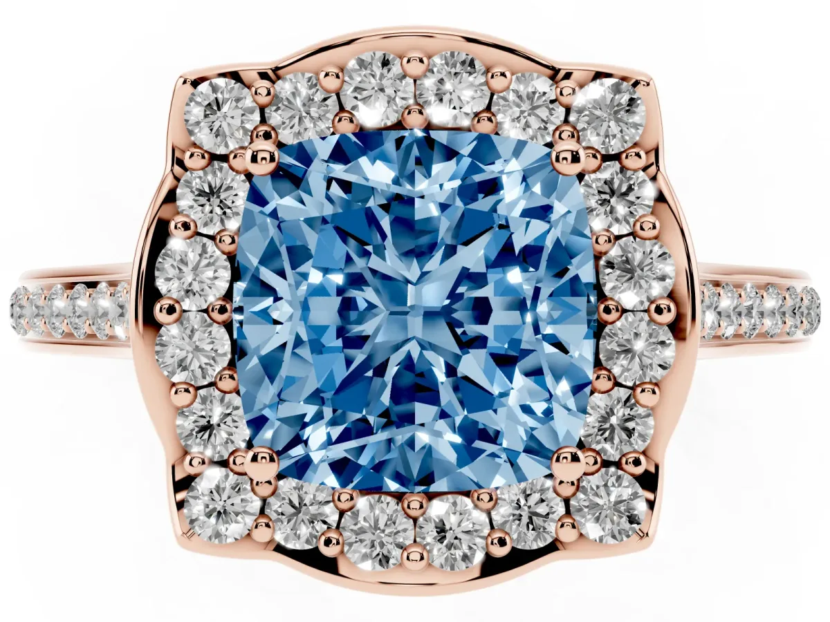 Fancy Blue Cushion Cut Halo Round Diamond Pave Band with Four-Prong Setting Rose gold