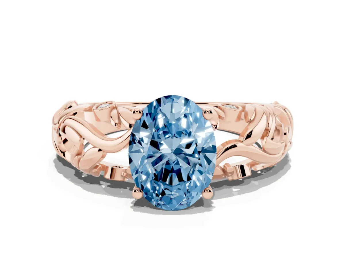 Fancy Blue Oval Cut Solitaire Diamond Leaf-Inspired Vine Band Ring with Prong Setting Rose gold