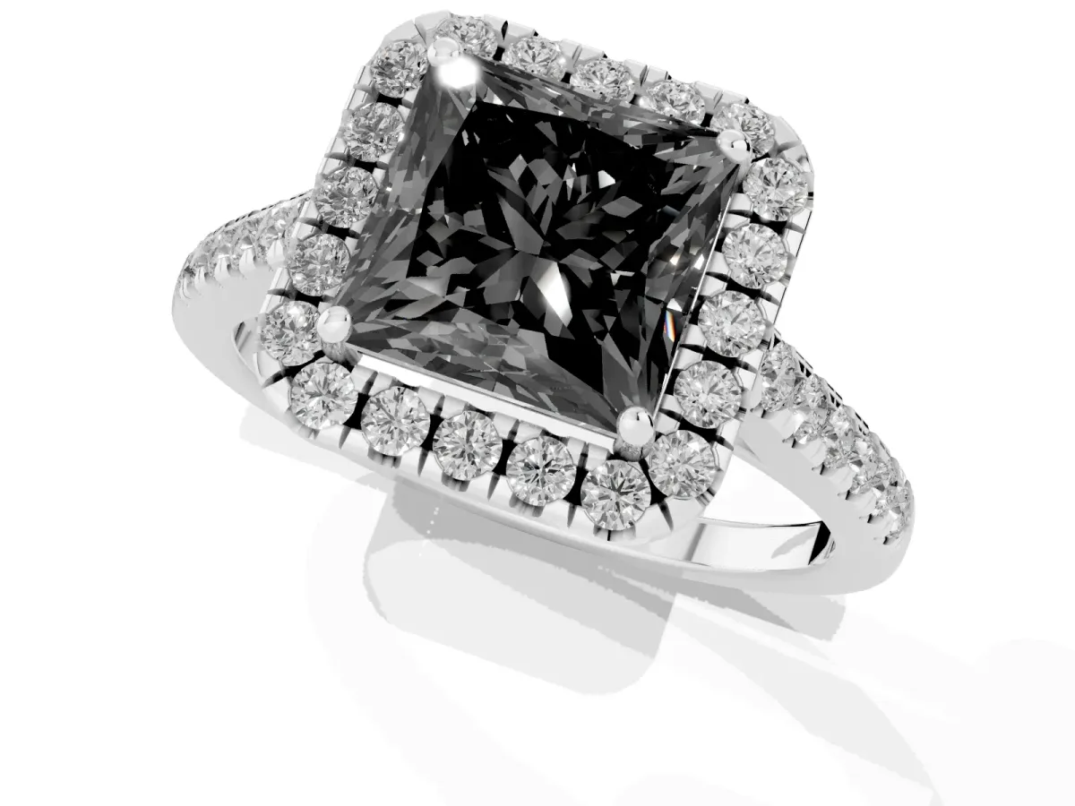 Fancy Black Princess Cut Halo Pave Diamond Engagement Ring with Four-Prong Setting Platinum