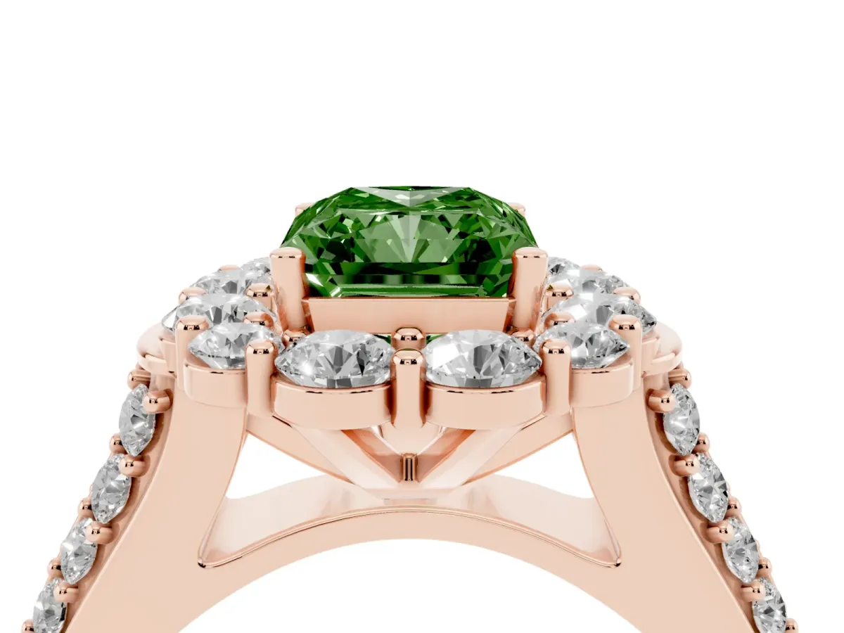 Fancy Green Radiant Cut Halo Diamond Engagement Ring with Split Shank and Prong Setting Rose gold