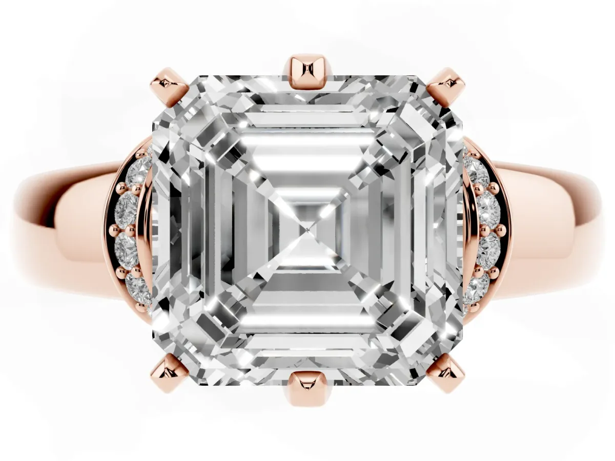 Asscher Cut Solitaire Diamond Ring with Pave Band and Six-Prong Setting Rose gold