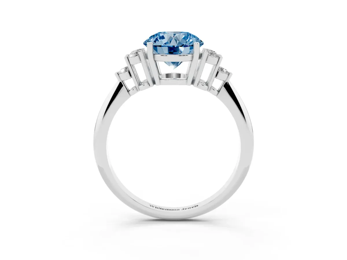 Fancy Blue Round Cut Cut Diamond Cluster Ring with Solitaire Band and Four-Prong Setting Silver