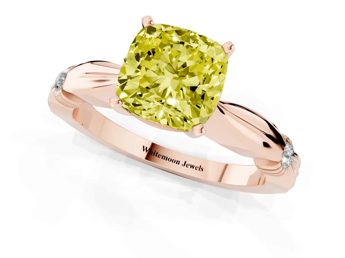 Fancy Yellow Cushion Cut Solitaire Diamond Twisted Band with Four-Prong Setting Rose gold