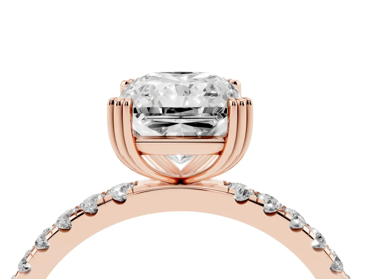 Radiant Cut Brilliant Solitaire with Pavé Band and Claw Prong Setting Rose gold