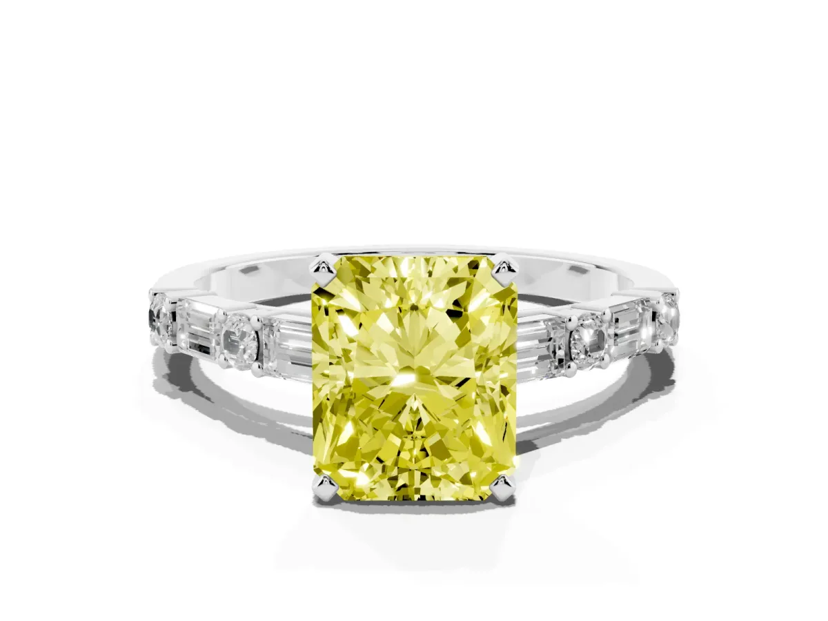 Fancy Yellow Radiant Cut Diamond Solitaire with Side Baguettes and Channel Set Band Platinum