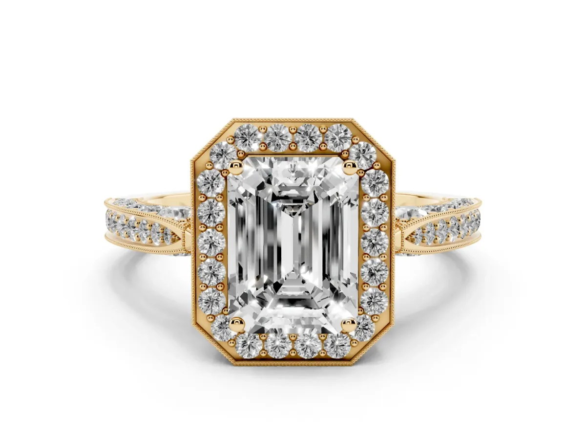 Emerald Cut Halo Diamond Engagement Ring with Split Shank Band and Four-Prong Setting Yellow gold